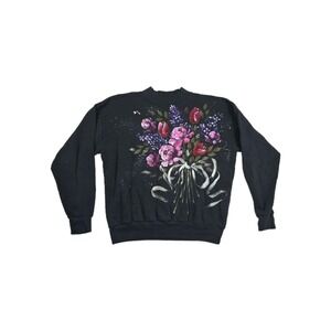 American Sportswear Women's Size Large Wearable Art Custom Floral Black Pullover